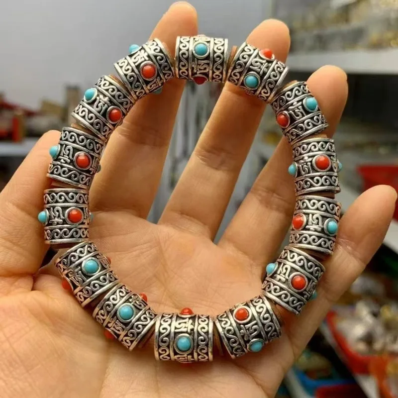 Tibetan Silver Alloy Six-Syllable Mantra Bracelet, Vintage Ethnic Worry Beads DIY Jewelry Making Accessories
