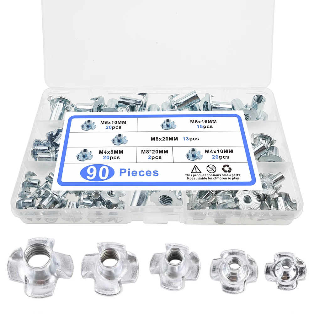 90pcs M4 M5 M6 M8 T Nuts Four Claw Nuts Assortment Kit Zinc Plated Carbon Steel for Woodworking Cabinetry Furniture Fastener