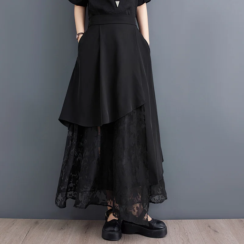 #3002 Black Midi Irregular Skirts Women Summer Loose Spliced Lace A-line Skirt Pockets High Waisted Gothic Skirt Korean Style