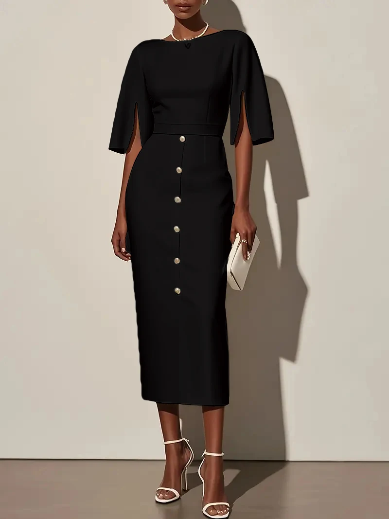 

Lady Casual Button High Waist A-line Dress Elegant Slim Party Long Dress Summer Solid Color O Neck Short Sleeved Commuting Dress