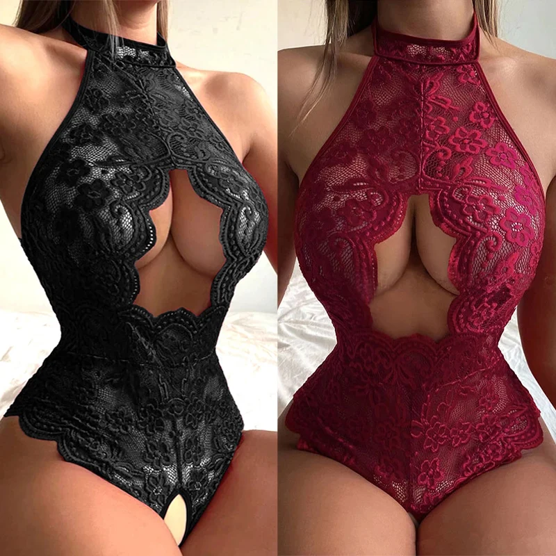 Hot Sexy Lingerie For Woman Lace Transparent Bra Perspective Crotchless Bodysuit Porn Costume Deep V Backless Underwear Set