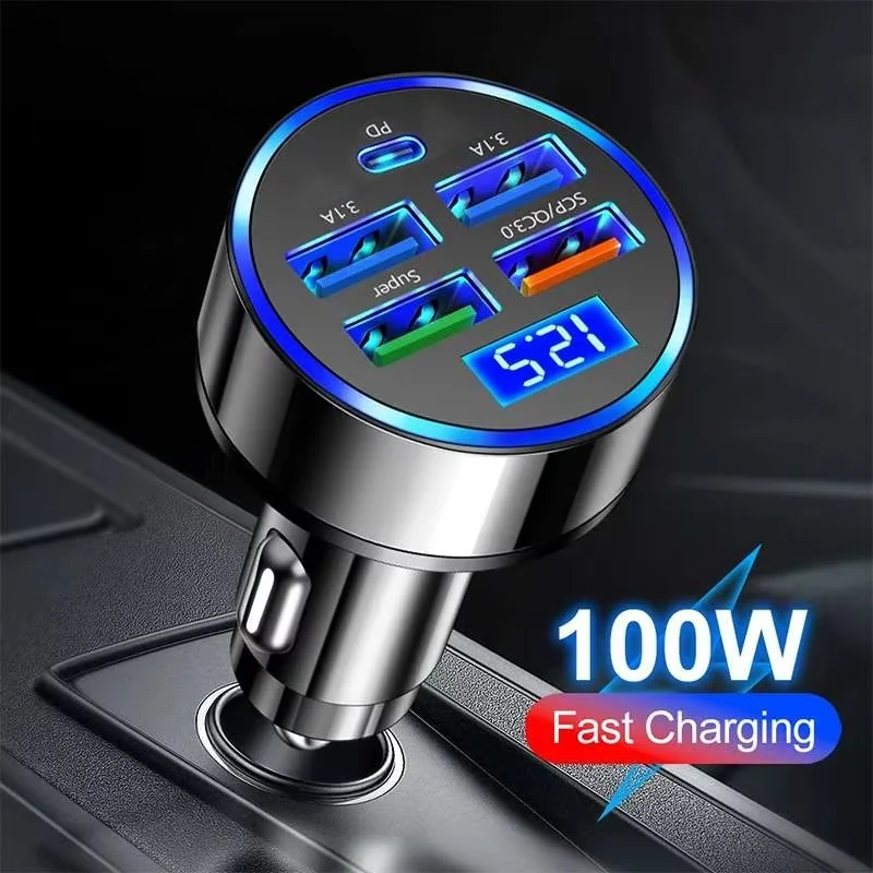 250W Fast Charging Car Charger For iPhone Xiaomi Huawei Realme OPPO Type C USB Ports Driving Travel Charging Multi Device Output