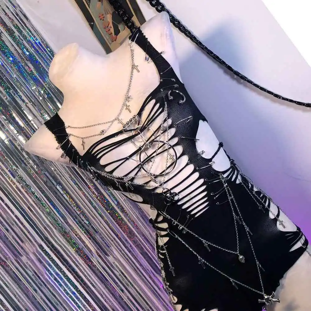 

Grunge Harajuku E-Girls Eco Hand Made Gothic Punk Rock Chain Digital Kawaii DIY 90s Teen Emo Goth Street Wear Pin Skull Y2K TOPS