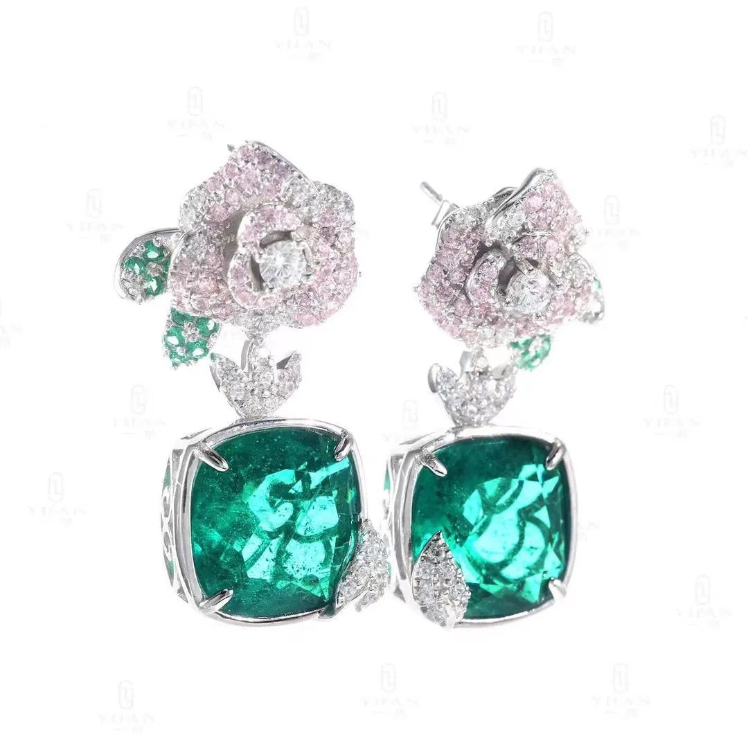 100% S925 Sterling Silver Emerald Rose Flower Personality Earrings  For Woman Cocktail Party High Jewelry Gift