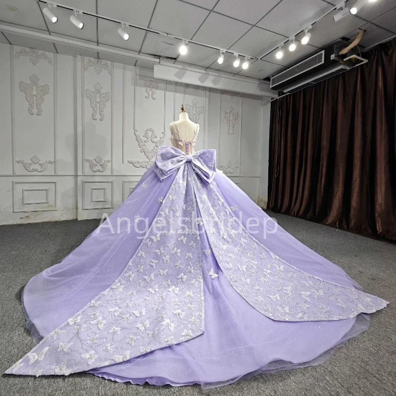 Angelsbande ชุดเดรส3D ลายผีเสื้อลาเวนเดอร์ชุดไปงานเต้นรำ Quinceanera vestidos de 15 quinceañera สายรัดสปาเก็ตตี้ชุดเดรสปาร์ตี้เจ้าหญิง