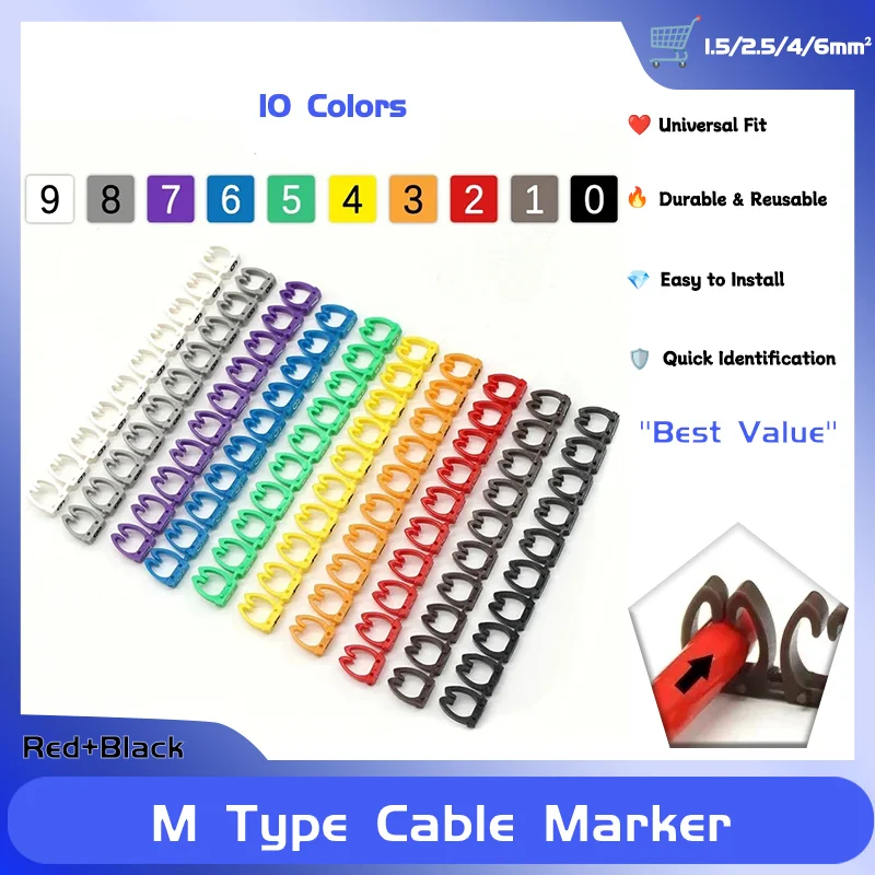 

1.5/2.5/4/6mm² Wire Network 0-9 Cable Marke 100/150pcs M Type Digital Number Tag Label Tube Colored Wire Numbering Marker Clips
