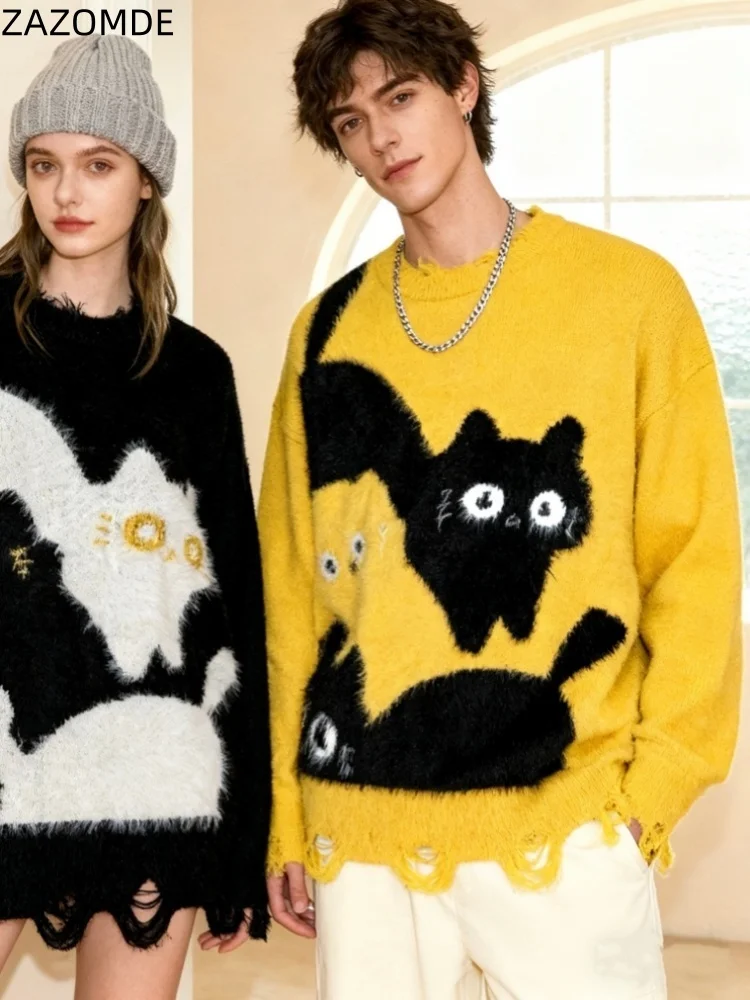 

ZAZOMDE винтажный желтый свитер в стиле хип-хоп с рисунком котенка, пуловер в уличном стиле, теплый модный вязаный топ в стиле ретро для мужчин и женщин