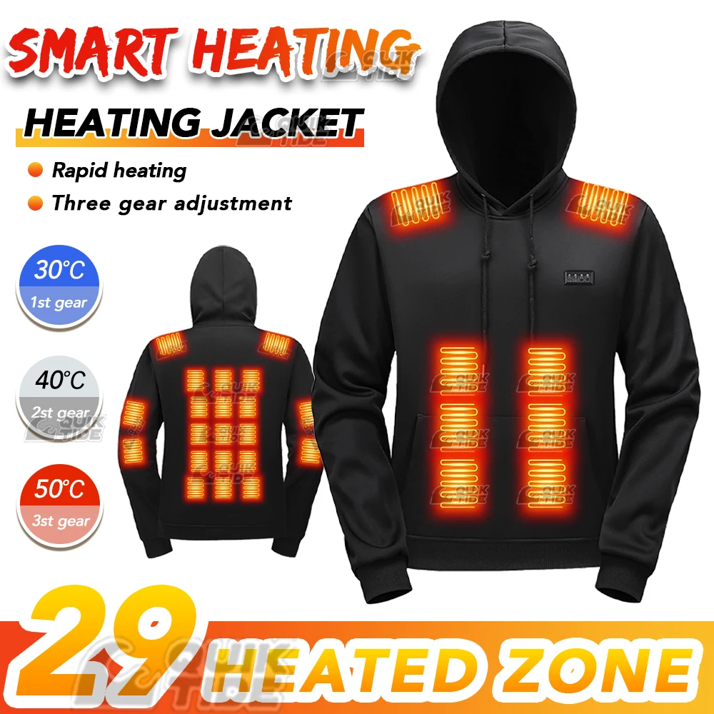 Sweat à capuche chauffant intelligent, 29 zones de chauffage, 4 interrupteurs, 3 vitesses réglables, adapté aux activités de plein air, les travaux en salle, la randonnée