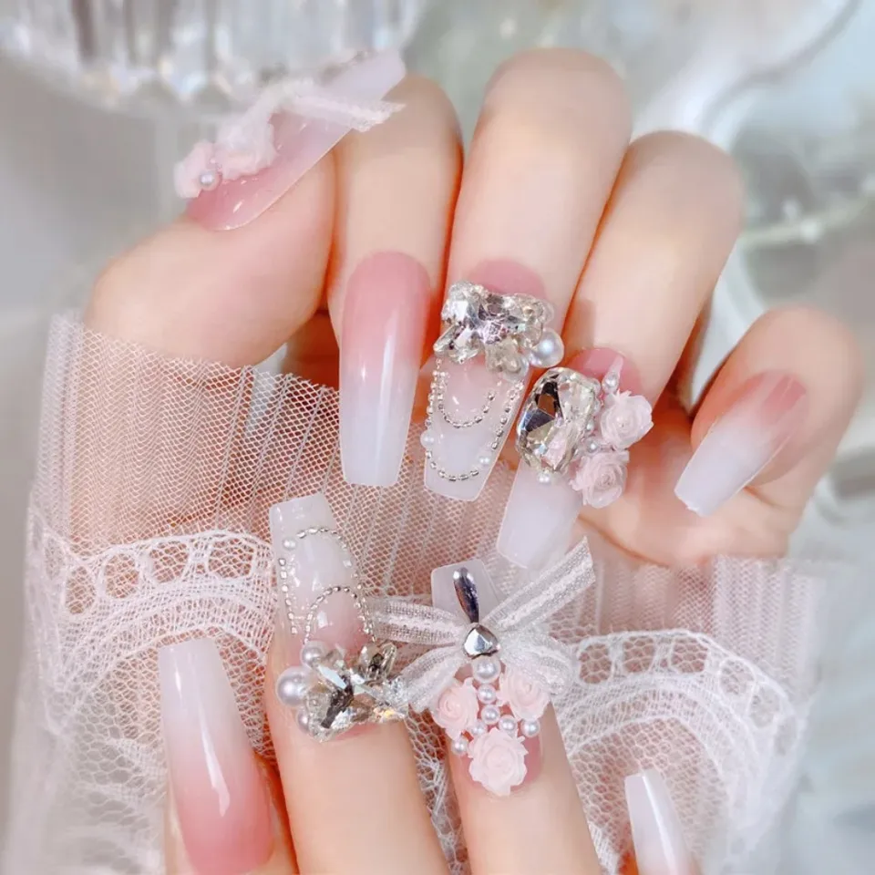 24 uñas postizas para chicas, cobertura completa, dulces y lindas con moño, diseño de cristal rosa, coreanas 2