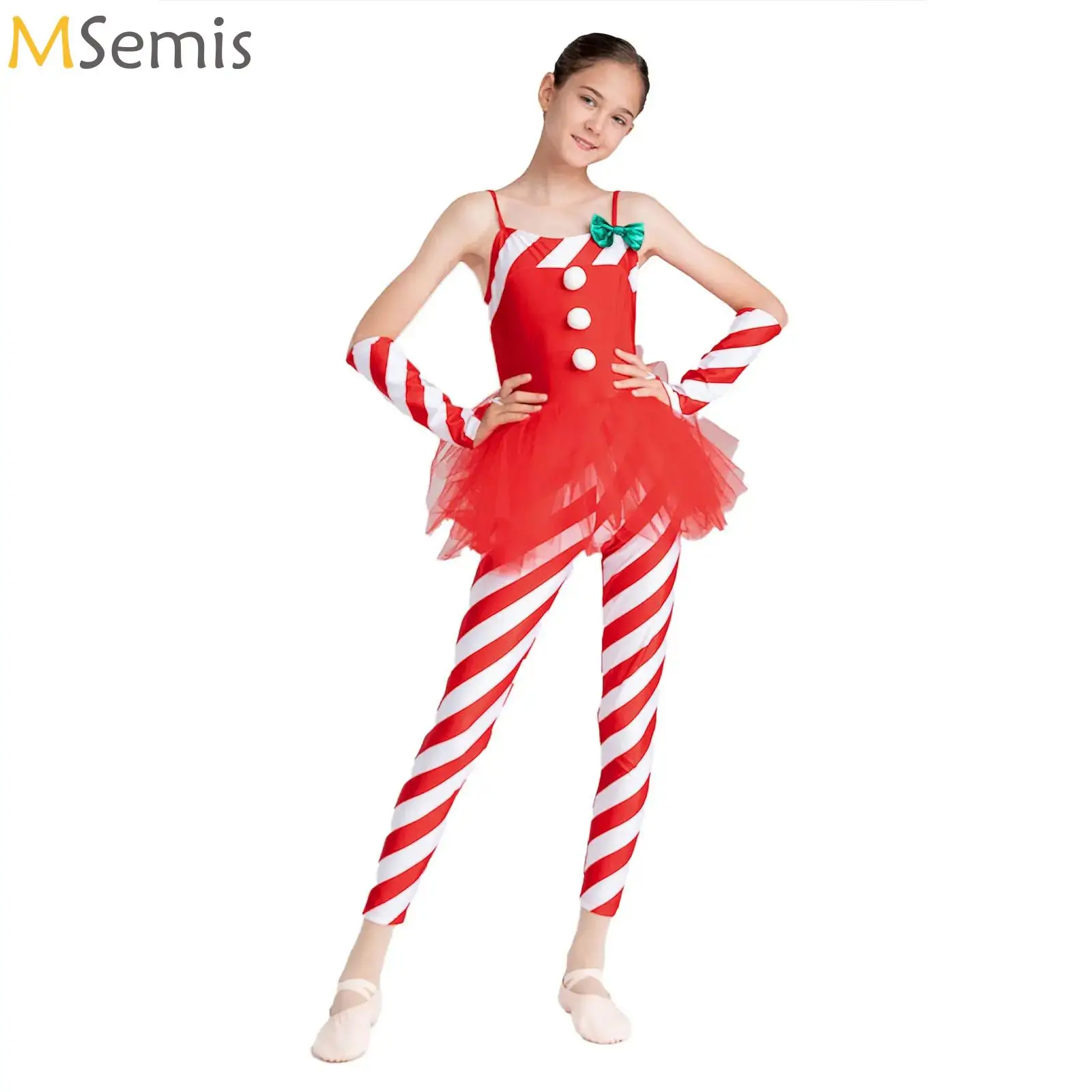 

Kids Girls Christmas Costume Outfit Sleeveless Striped Mesh Tutu Leotard Dress+Oversleeves for Ballet Gymnastics Figure Skating