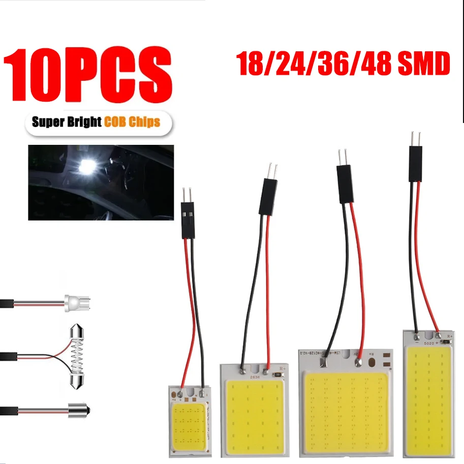 10PCS Car LED Lights Panel 18/24/36/48 SMD T10 BA9s 12V COB Lamp Bulb Car Dome Light Reading Lights Auto Interior Accessories