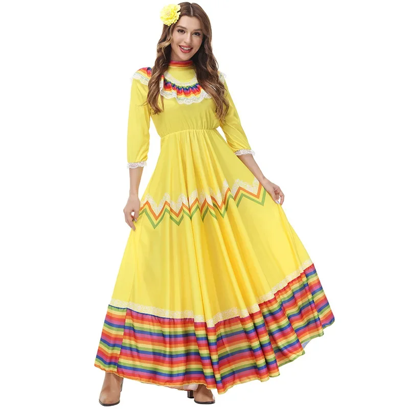 Frauen traditionelle mexikanische Volks tänzer Kleid für Erwachsene National Mexiko Stil Cinco de Mayo Kostüm Böhmen lang