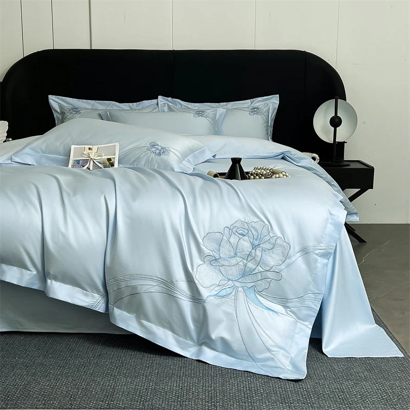 

100% Cotton Elegant Rose Flowers Embroidery Luxury Bedding Set Solid Color Duvet Cover Bed Sheet/Fitted Sheet Pillowcases 4Pcs