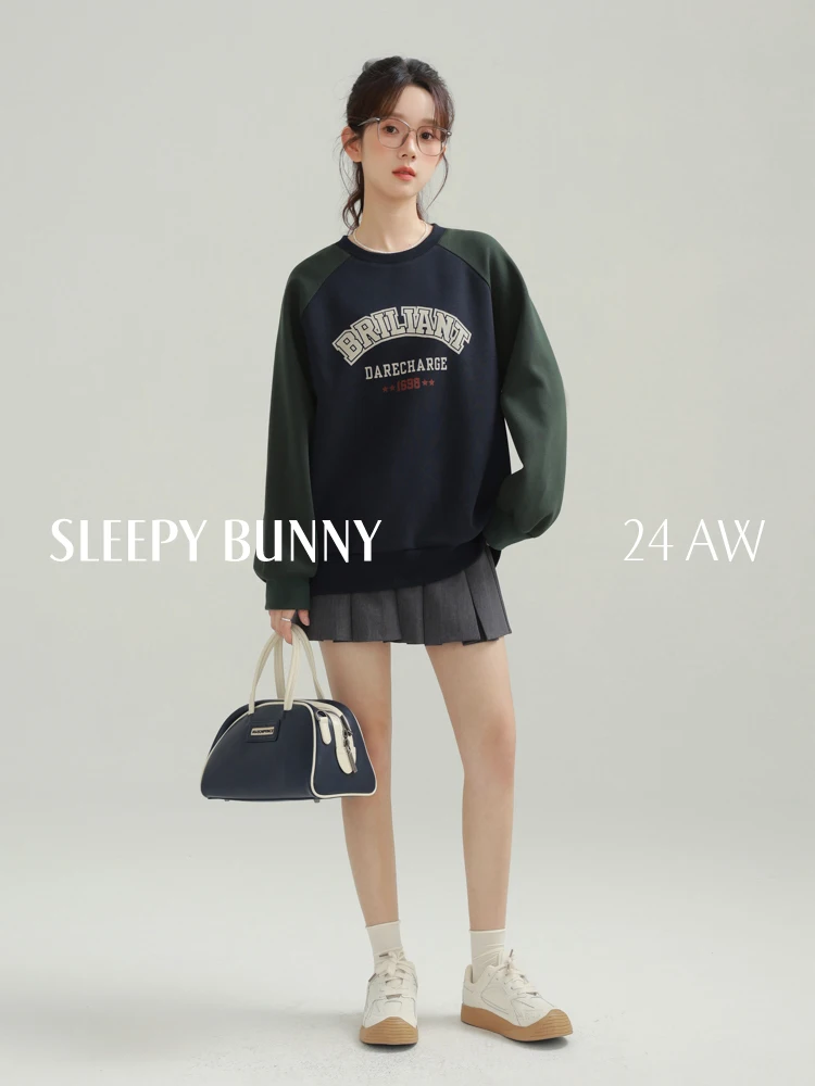 

Trendy Loose Retro Color Block Letter Print Sweatshirt Autumn Crewneck Raglan Sleeve Slimming Oversized American Style Top Women