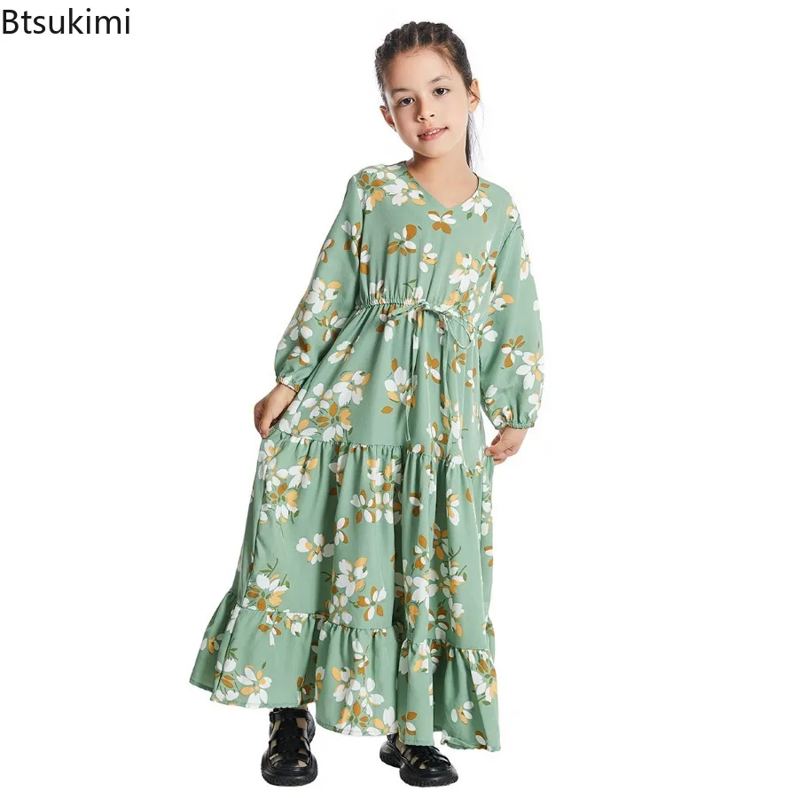 2024 Fashion Muslim Children Abaya Print Maxi Dress for Girl Long Robe Gowns Kimono Cute Jubah Middle East Arab Islamic Clothing