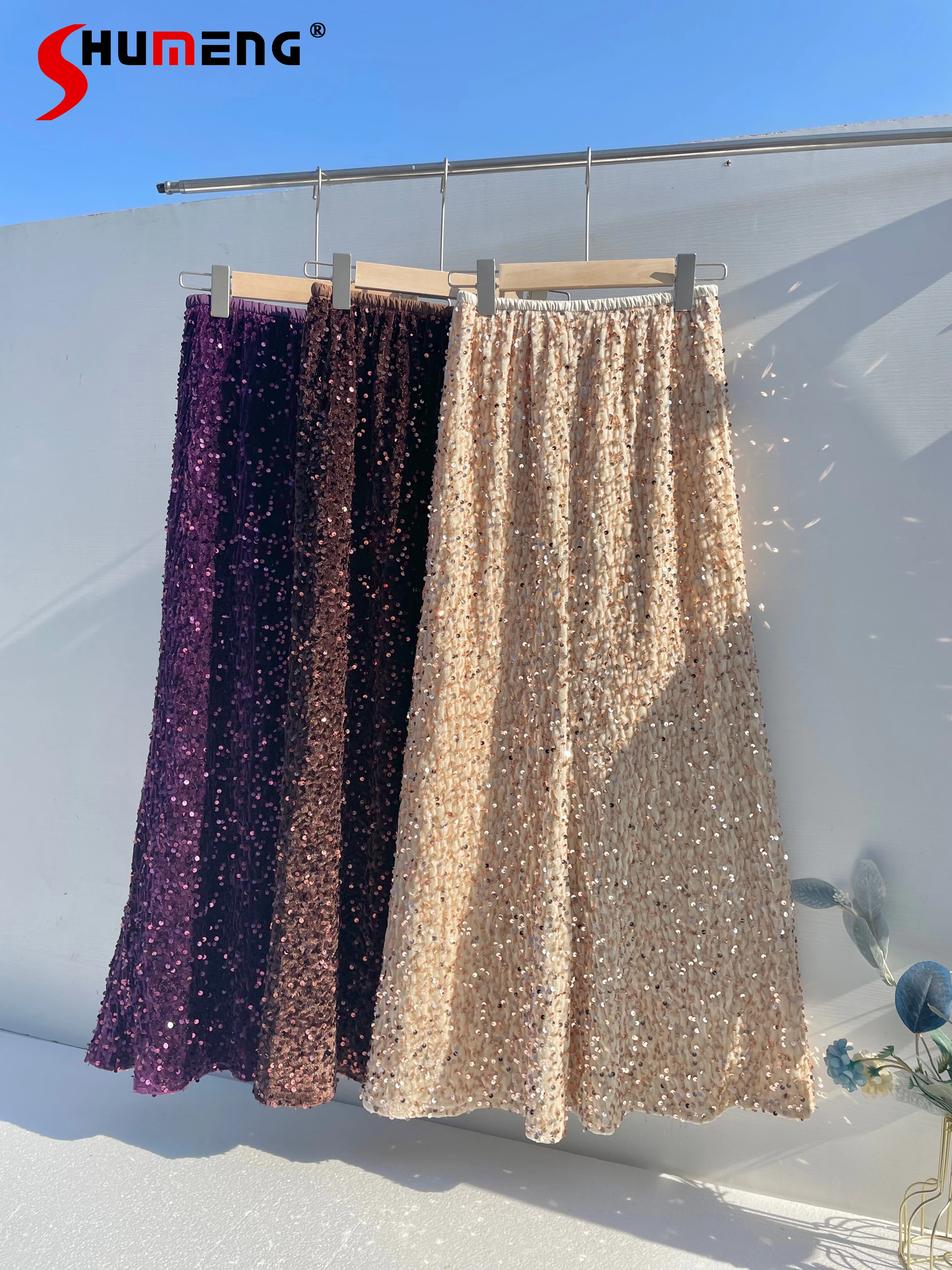 

Fashion Spring Autumn Sequined Fishtail Skirts Women's High Waist Bulingbuling High-End Feminine Temperament Solid Color Skirt