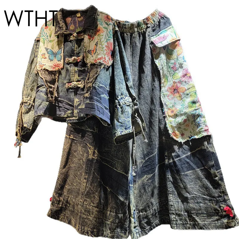 

WTHT Fashion Women's Heavy Colorful Jacquard Patchwork Denim Jacket 2025 Autumn Elastic Waist Straight Jeans Female 1LS2357