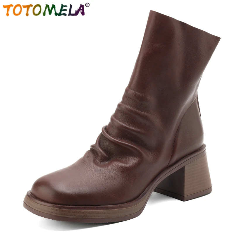 

TOTOMELA 2025 New Genuine Leather Boots Women Zipper Pleated Square High Heels Ankle Boots Handmade Retro Western Boots