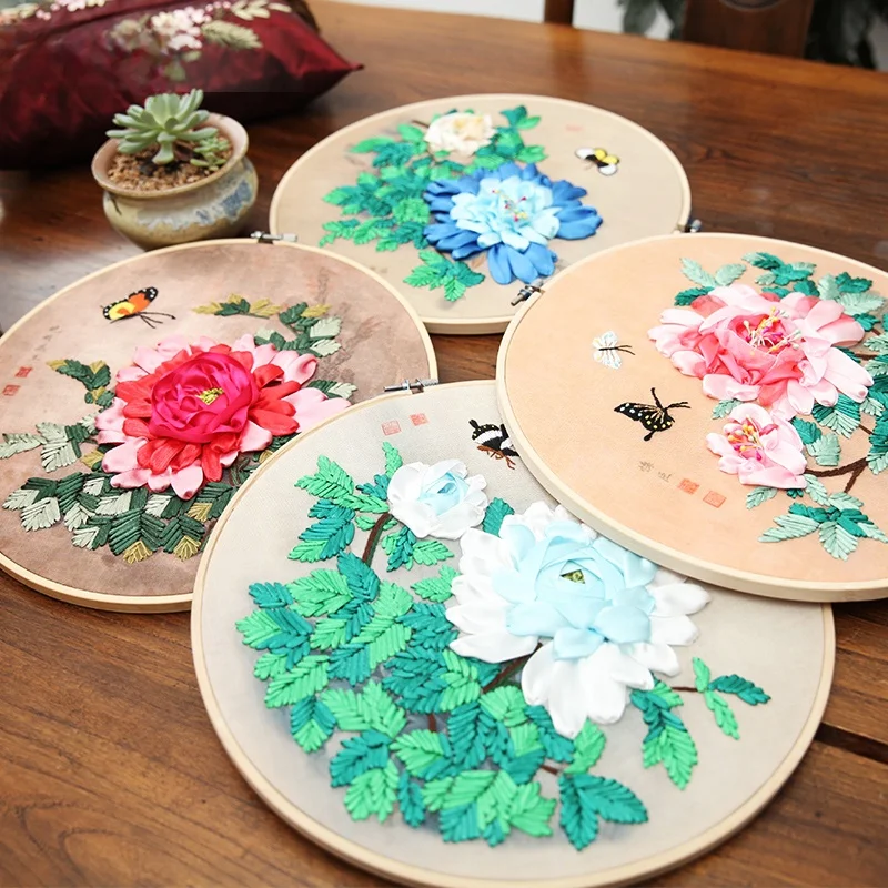 

Hand Embroidery DIY Material Kit for Beginners Living Room Wall Painting Floral Design Silk Ribbon Embroidery Art Fabric Kit