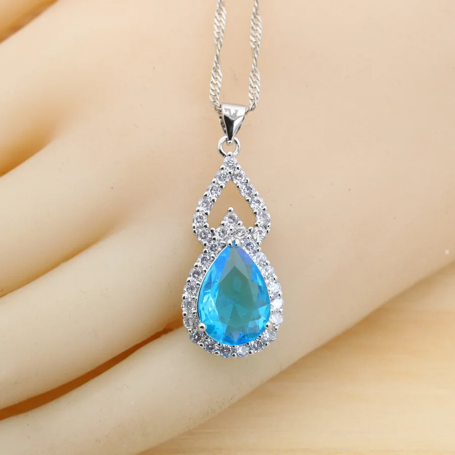 Fashion Sky Blue Water Drop Zirconia 925 Silver Jewelry Sets for Women Earrings Necklace Pendant Ring Bracelet Wedding Gift