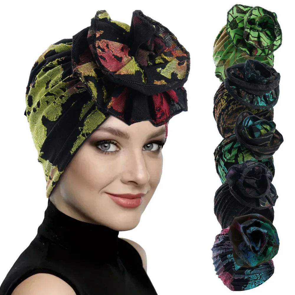 Afrikanische Damen Hochwertiger Samt-Turban mit Großer Blume, Muslimischer Schal, Islamische Chemo-Mütze, Lässige Haarbonnets, Hijab-Kappen