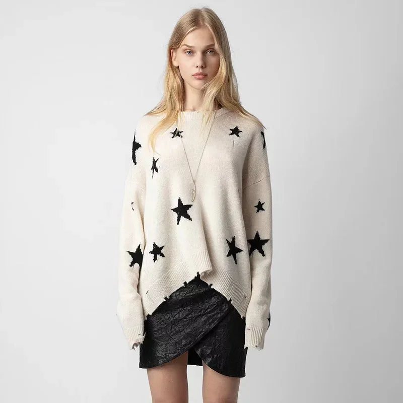 

23 Autumn and Winter New French Niche ZV Star Pattern Holes 100 Cashmere Loose Women's Sweater Sweater