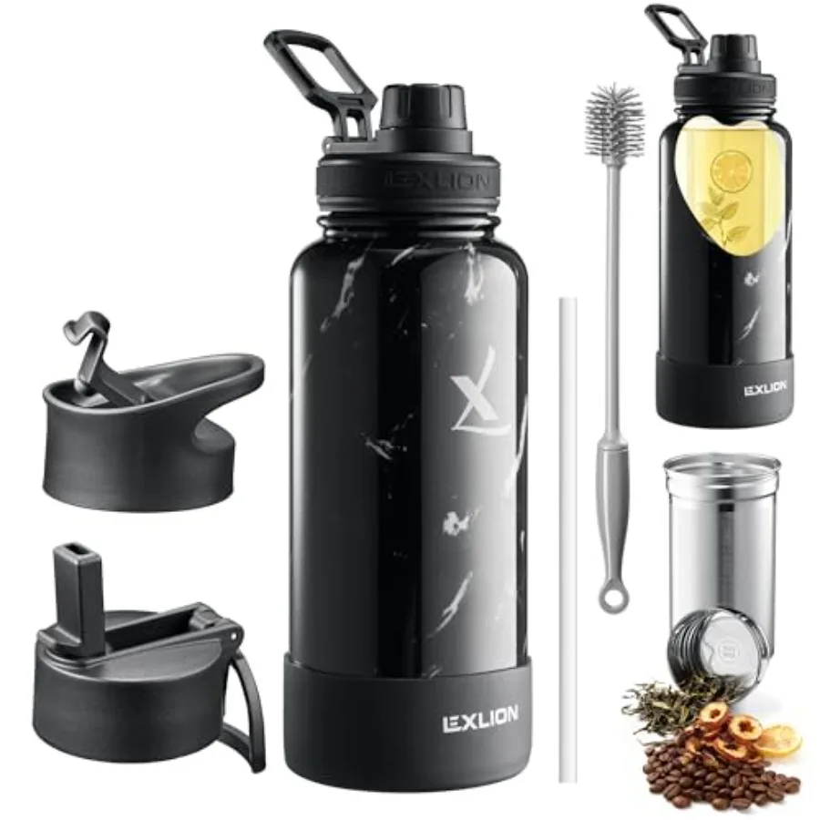 

Tea Infuser Water Bottle Triple Wall Insulated Stainless Steel, Loose Leaf and Fruit Strainer, 3 Leakproof Lids, BPA-Free Silic