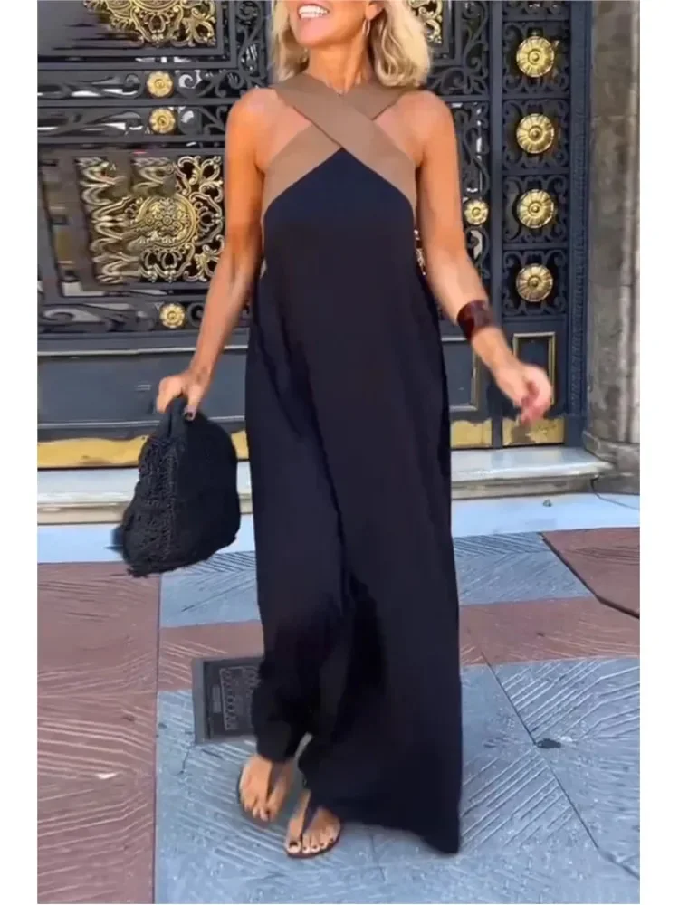 

Casual Loose Beach Dress Fashion Off Shoulder Multi-color Holiday Dress 2025 New Summer Women Halter Color Blocked Long Dresses