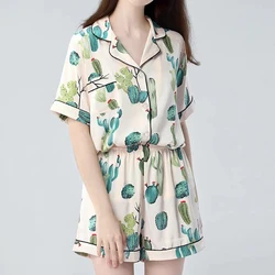 Women’s 2 Piece Pajamas Set Short Sleeve Cacti Print Button Up Shirt + Shorts Set Summer Sleeping Set Loose Home Clothes