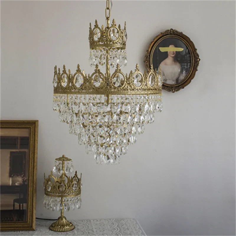 Modern Luxury Chandelier LED Crystal Vintage French Pendant Light for Living Bedroom Golden Crown Lamp Indoor Lighting