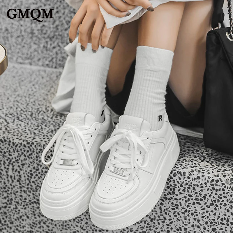 GMQM Fashion Women\'s New 2023 Genuine Leather Sneakers Classic Retro Vulcanized Shoes Low Outdoor Walking Shoes College Student