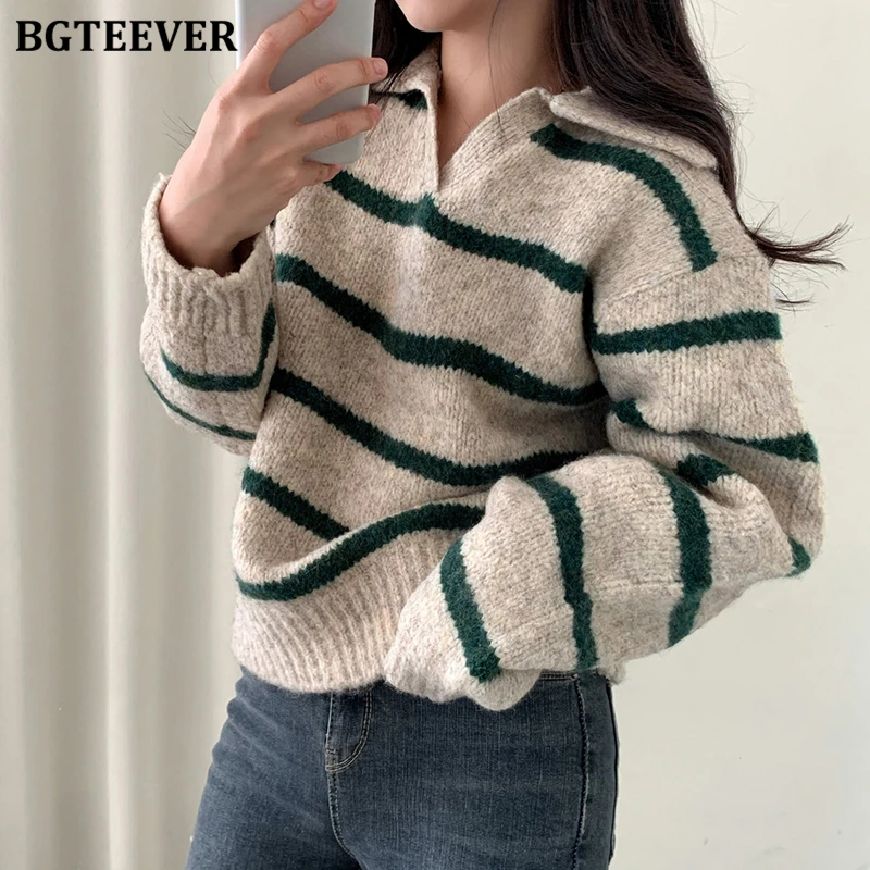 BGTEEVER Casual Warm Loose Turn-down Collar Female Striped Knitted Pullovers Autumn Winter Long Sleeve Women Sweaters Jumpers