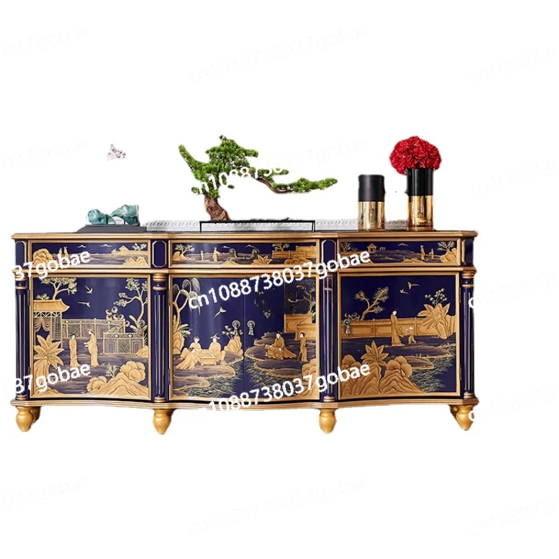 Chinese Style Royal Blue Villa Home Solid Wood Curio Cabinet Living Room Classical Storage Hallway Dining Side Locker