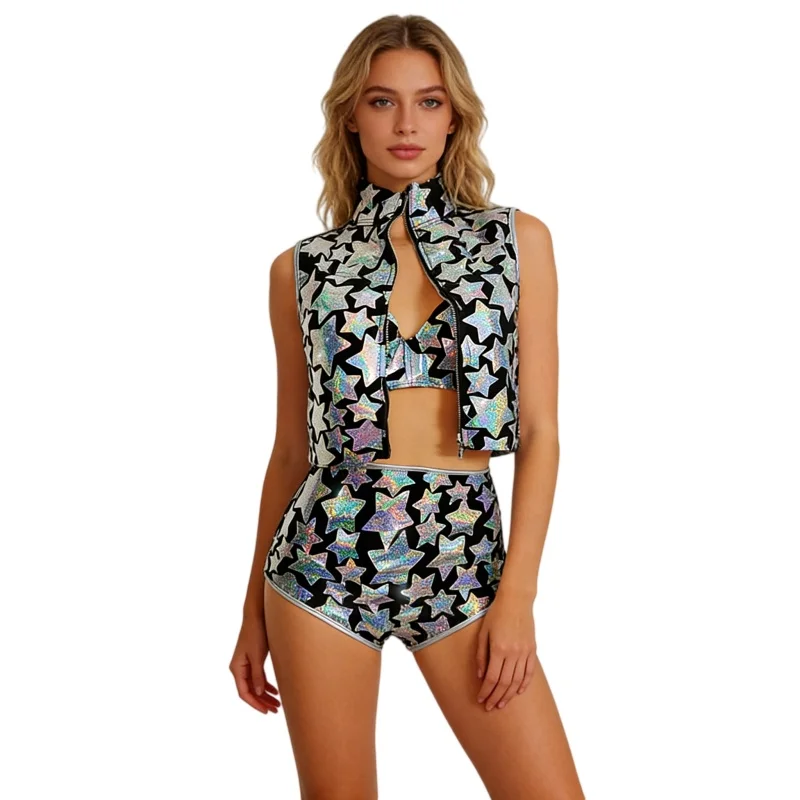 

Female Dancer Group Jazz Dance Costume Silver Laser Sequins Bikini Vest Rave Outfit Bar Nightclub DJ Gogo Performance Stage Wear