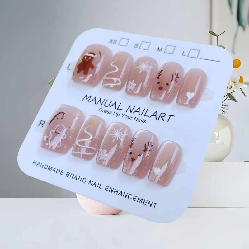 Patch de manucure court fait à la main, 10 pièces, bonhomme de neige, élan, arbre de noël, faux ongles pour enfants, dessin animé du père noël, Nail Art portable