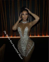 High Luxury Silver White Birthday Party Dresses 2024 Sexy Neck Prom Dresses Glitter Diamonds Beaded Sequins Homecoming Dresses