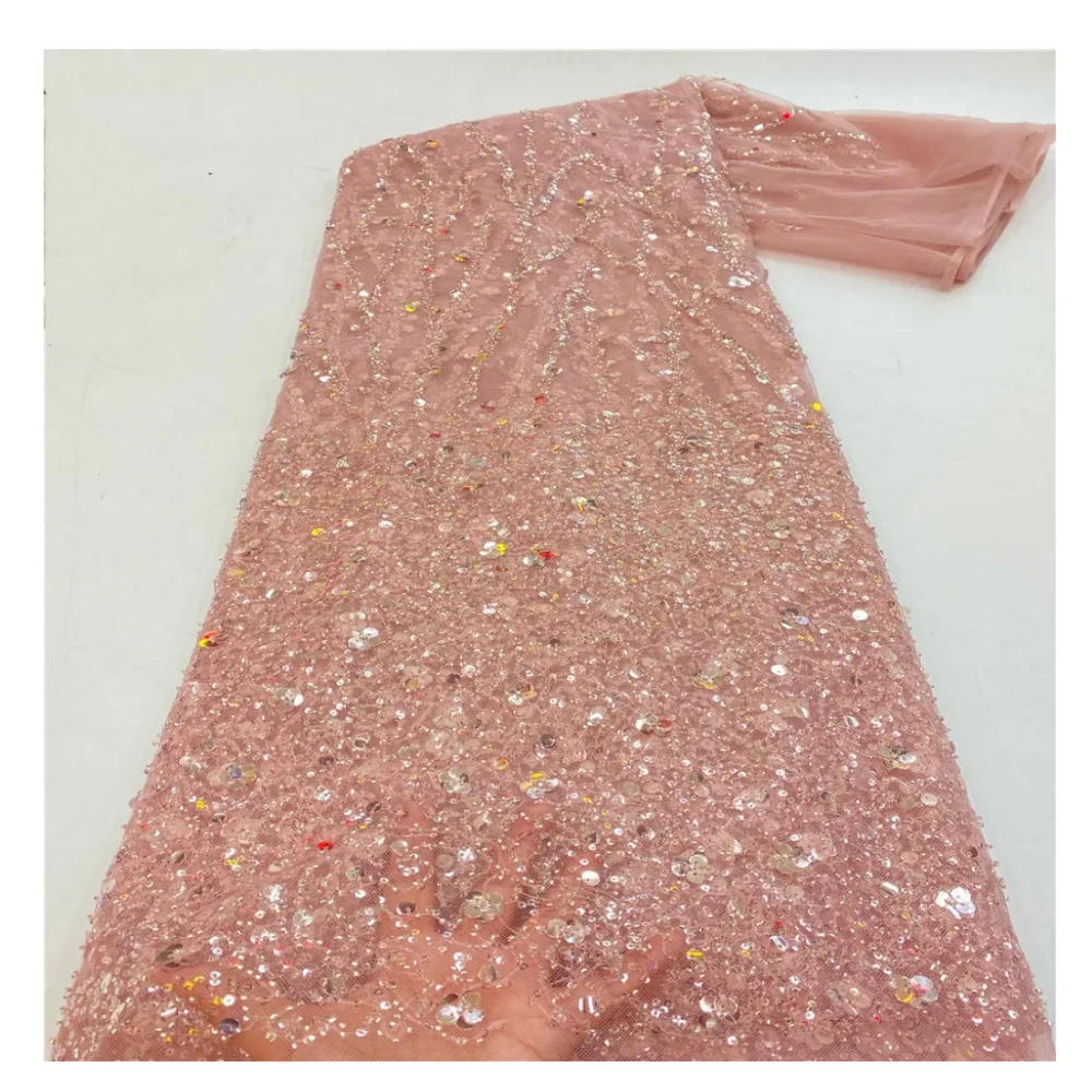 5 Yards afrikanische symmetrische bestickte Röhren-Pailletten-Spitzenstoffe, hochwertige nigerianische französische Tüll-Spitze, Partykleid-Material, zum Nähen