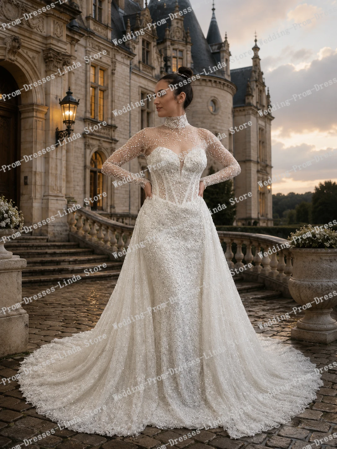 Beaded Sequin Tulle Mermaid Wedding Dress High Neck Long Sleeve Bridal Gown Lace Bride Dress
