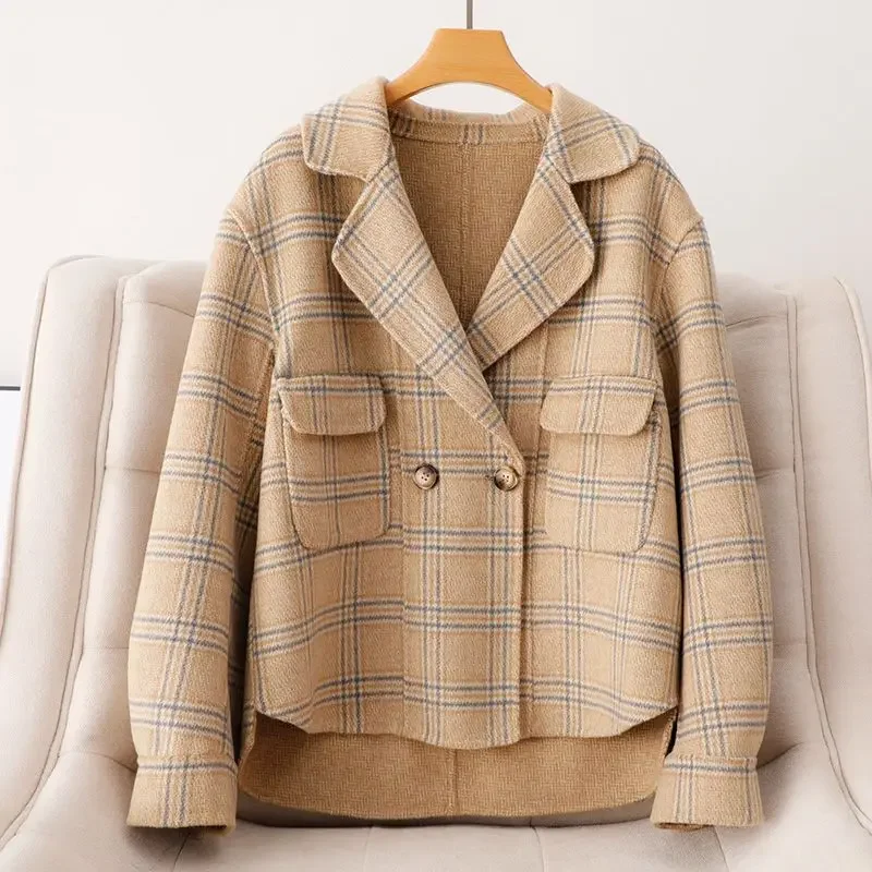 Retro Plaid Double-Sided Wool Jacket For Women Fashion Suit Collar Design Woolen Short Jacket