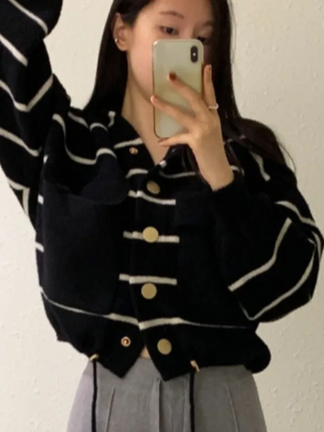 Chic Autumnal Vintage Age-defng Loose Casual Large ket Dstring Long Sve Striped Jaet lavorato a maglia con cappuccio per donna
