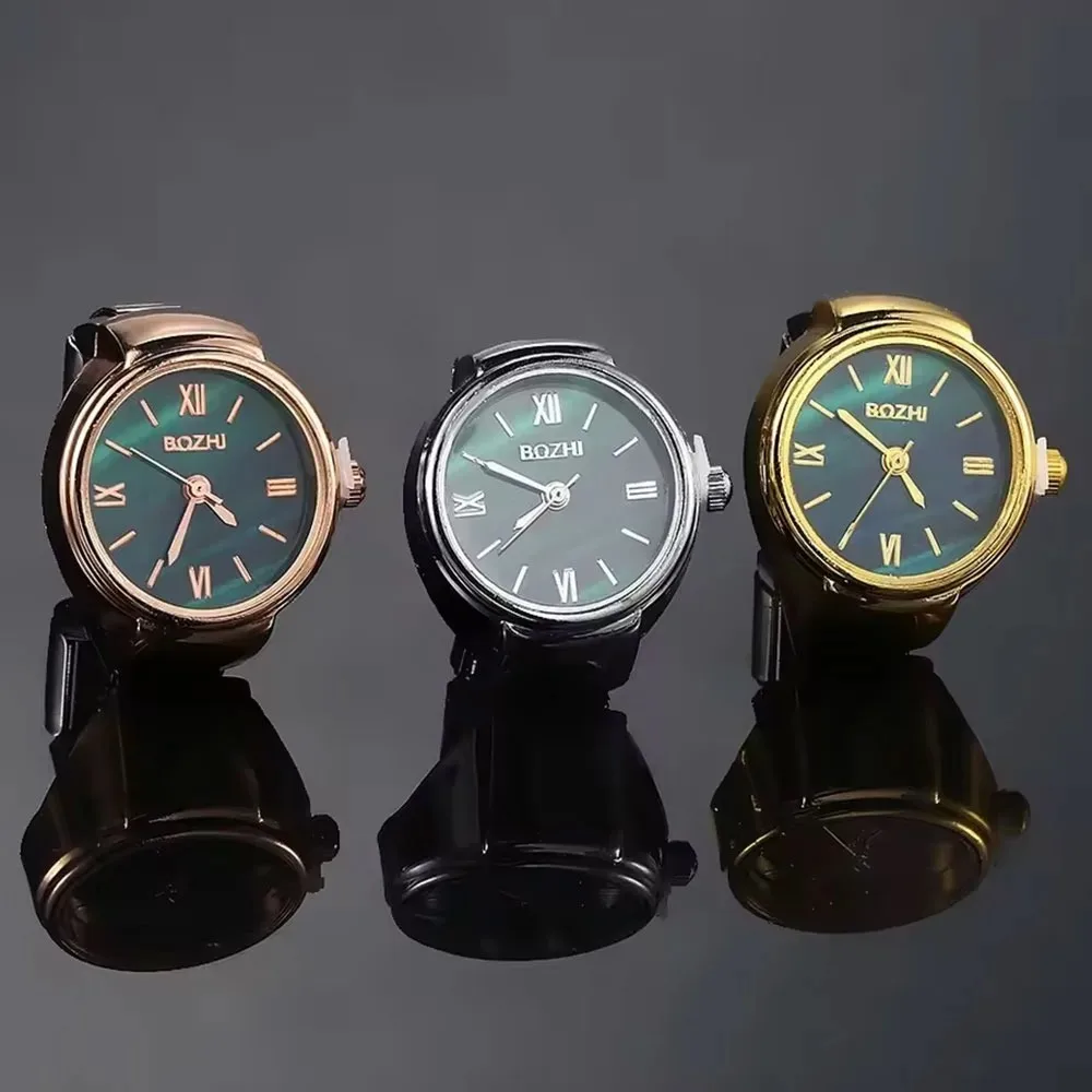 Round Dial Finger Watch, Stainless Steel Link Classic Quartz Watch Ring Trendy Jewelry for Men Women