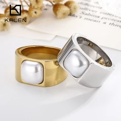 KALEN Stainless Steel Gold Plated Wide Rings For Women Big Square Pearl Finger Ring Vintage Jewelry Best Gift