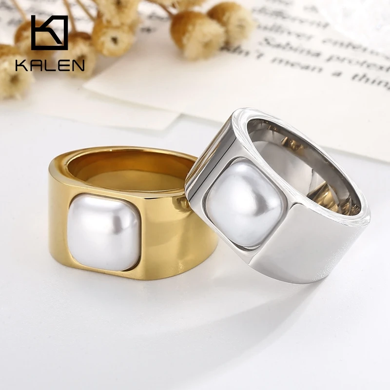 KALEN stal nierdzewna pozłacane szerokie pierścienie dla kobiet duża kwadratowa perła Ring Finger biżuteria w stylu Vintage najlepszy prezent