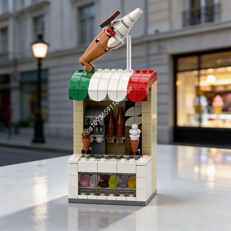 228pcs MOC Modular Streetscape Mini Ice Cream Gelato Shop Model Building Blocks Construction Toys Festival Gift Brick Birthday