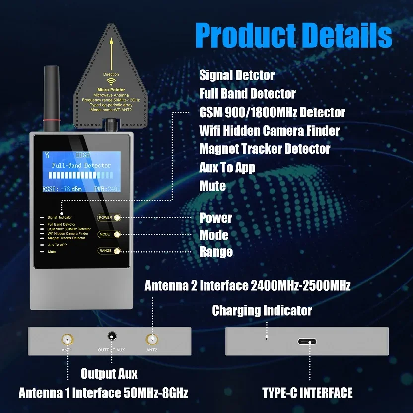 Anti Spy GPS RF Signal Detector Built-in Rechargeable Battery Wifi GSM GPS Tracker Wiretapping Finder Spy Things Device Detector