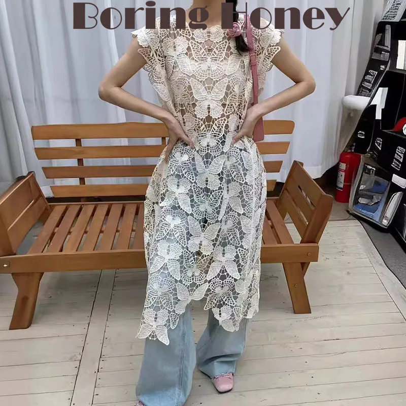

Boring Honey Summer New Loose Design Dress Slim Fashionable Temperament Long Coat Hollow Butterfly Lace Long Blouse Dress Women