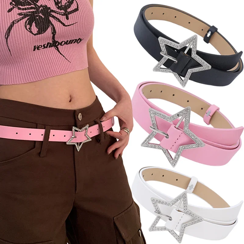 Y2K Belts for Women Spice Girls Pink Black White Belt Denim Star PU Leather Rhinestones Belt Ins Sweet Cool Corset Jeans Belts