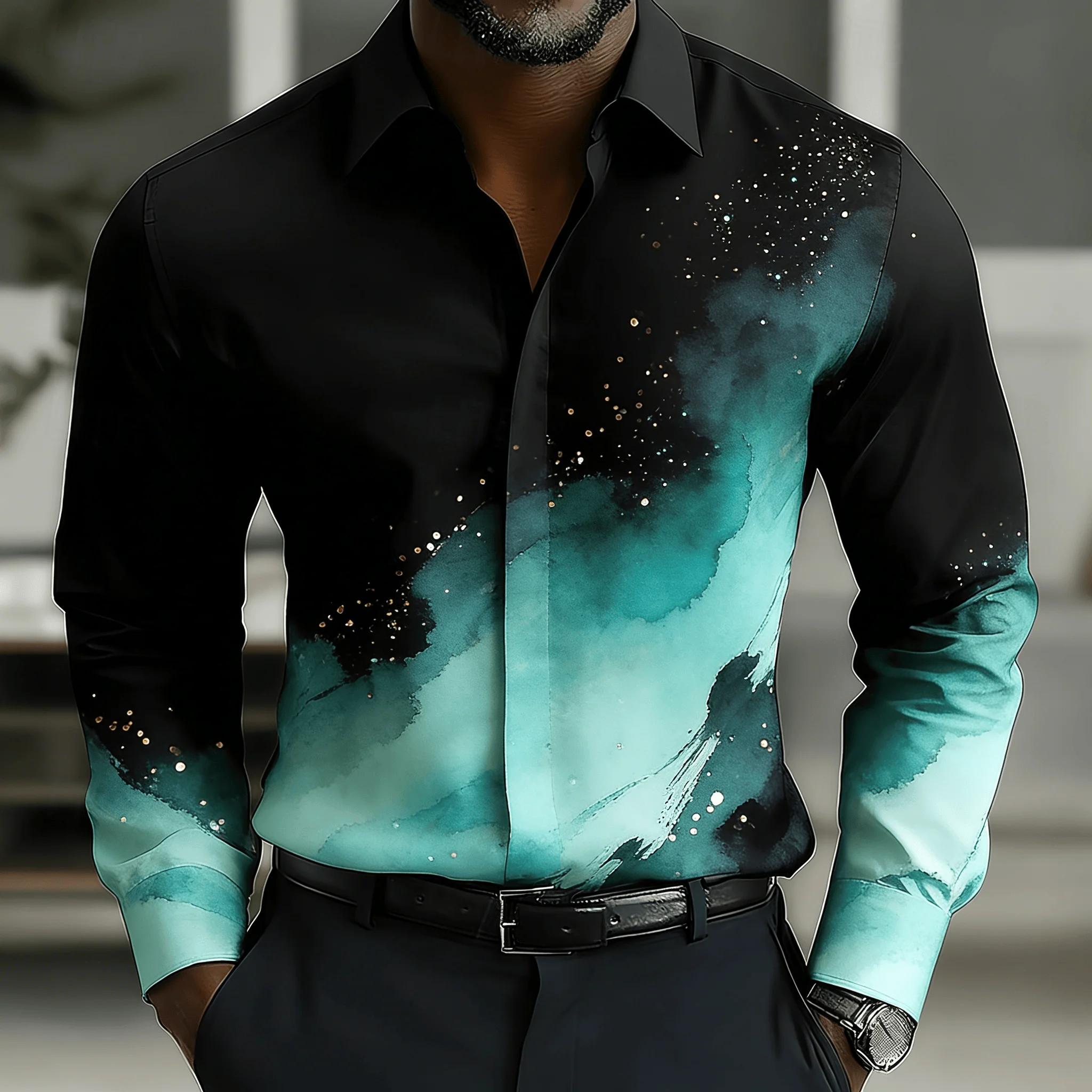 

Men's Watercolor Ink Wash Tie-Dye Print Lapel Shirt, Spring Summer Casual Breathable Top, Artistic Gradient Design