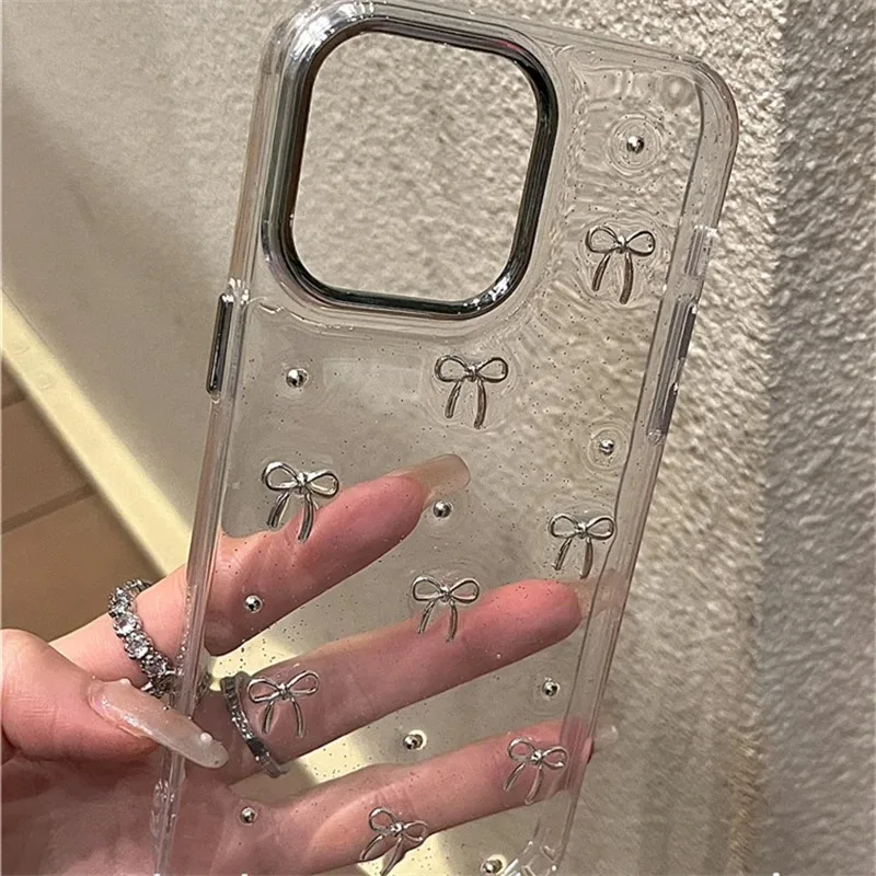 Y2K Korea Glitter 3D Silver Bowknot Etui na telefon do iPhone 16e 15 14 13 12 11 Pro Max 7 8 Plus X XS Epoxy Shell Girl Clear Cover