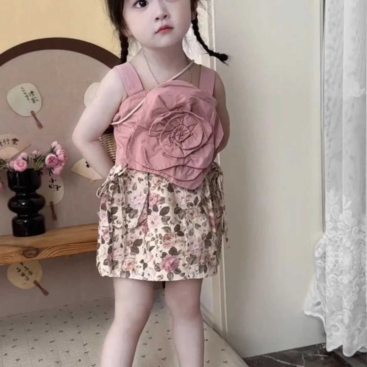Girls' Set Summer Fashionable Three Dimensional Flower Suspended Shirt Children's Top+Fragmented Short Skirt Baby Kids Clothing